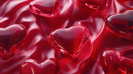Poster - red background with smooth fabric-like textures, featuring a collection of glowing hearts that radia