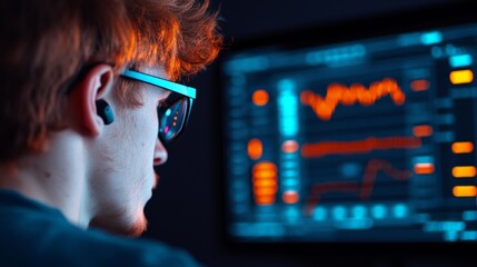 Young Man Analyzing Data on Computer Screen in Dark Room with Stylish Headphones