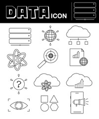 Poster - collection of data analytics icons including cloud storage, magnifying glass, and graphs, representing various aspects of data analysis and technology