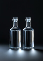 Poster - Two clear glass bottles stand side by side against a dark backdrop, reflecting soft light exquisitely, showcasing their sleek design and clarity.
