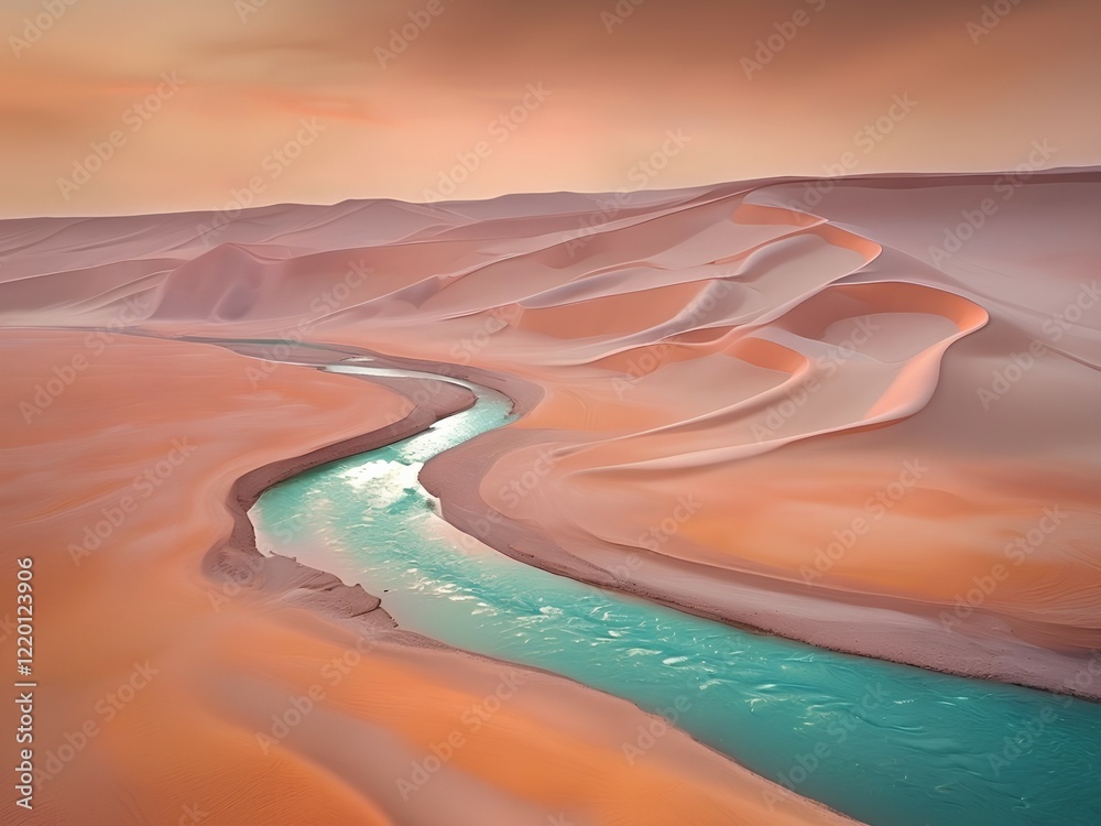 Aerial view of a river winding through desert dunes, serene desert ...