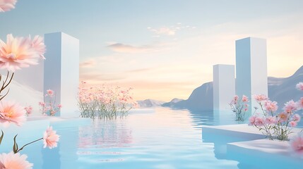 Wall Mural - Serene Minimalist Landscape: Pink Flowers and Calm Waters