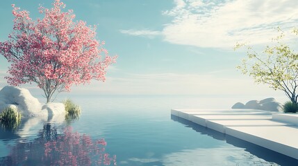 Wall Mural - Serene Waterscape: Pink Blossom Tree and Tranquil Platform