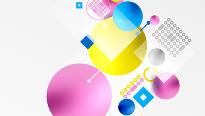 Poster - Minimalistic abstract vector design, layered geometric shapes circles, squares, and triangles with soft pastel gradients and semi-transparent effects. Perfect for contemporary use