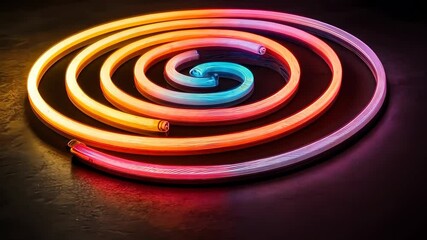 Poster - Colorful spirals of neon light twist on a dark surface, creating an immersive visual experience in a creative space. Generative AI