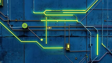 Poster - Vivid neon pathways illuminate a blue urban environment, showcasing the beauty of technology and design in intricate patterns. Generative AI