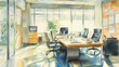 © umeno - Bright Corporate Office Meeting Room with Natural Light and Modern Furniture - Watercolor Illustration