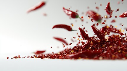 Wall Mural - A pile of red chili peppers is scattered across a white background