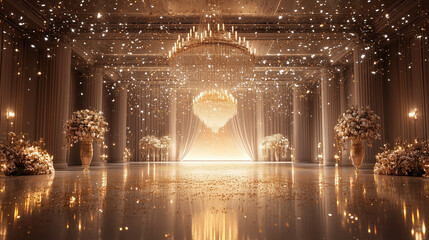 Golden Ballroom with Sparkling Glitter and Chandelier