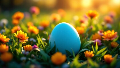 Pastel blue Easter egg nestled in a field of vibrant spring flowers
