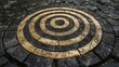 © Tangtong - Circular Stone Pattern with Alternating Gold and Gray Rings on a Cobblestone Surface