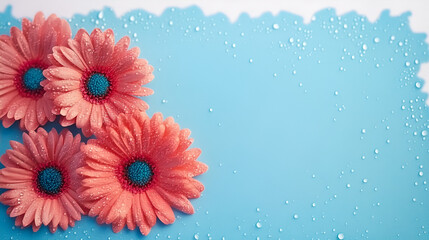 Wall Mural - Colorful flowers near the blue frame isolated on back