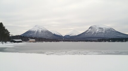 Wall Mural - Frozen lake, snow-capped mountains, winter landscape, cabins