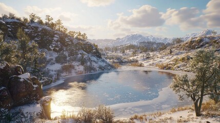 Wall Mural - Frozen lake, snowy hills, sunset, winter landscape, game background