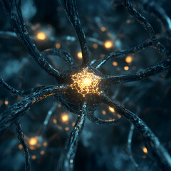 Poster - Synaptic Spark: A mesmerizing 3D illustration depicts a neuron, the fundamental building block of the nervous system, firing, with its dendrites and axon illuminated by glowing energy.