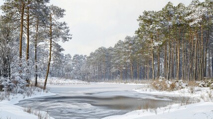 Wall Mural - Frozen River, Snow-Covered Pines, Winter Landscape, Calm, Nature