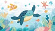 © rawdesign - Undersea Adventure: A cheerful turtle swims among colorful coral reefs, playful fish, and a starfish. An idyllic underwater scene.