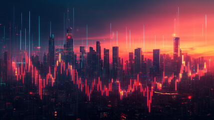 Wall Mural - Night Cityscape with Red Stock Market Charts at Sunset