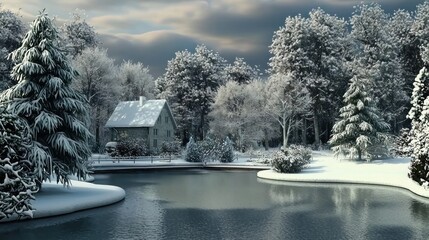 Wall Mural - Snowy cottage, winter forest, serene lake, evening calm