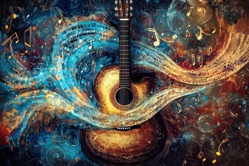 Poster - Vibrant Acoustic Guitar Surrounded by Colorful Musical Notes and Harmonious Waves of Melody in Abstract Art Style