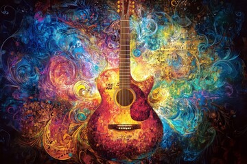 Poster - Vibrant Acoustic Guitar Surrounded by Colorful Swirls and Musical Notes, Capturing the Essence of Music and Creativity in Artful Harmony