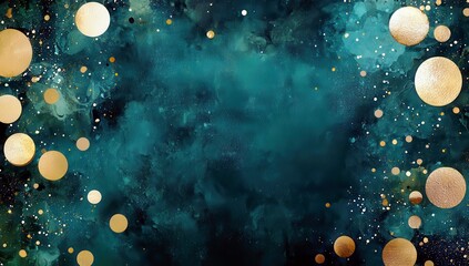 Poster - Abstract teal and gold background with circular shapes and sparkling accents for artistic, festive, or decorative design applications