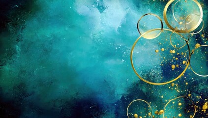 Poster - Abstract artistic design featuring vibrant turquoise background with elegant gold circles and shimmering particles creating a modern and luxurious aesthetic