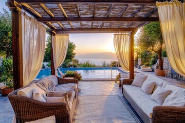 Poster - Tranquil Outdoor Living Space with Pool and Sunset View