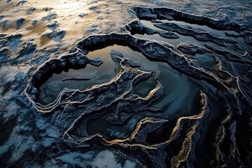 Poster - Unique aerial view of frozen landscape featuring intricate patterns formed by ice and dark water contrasts during winter light at dawn or dusk.