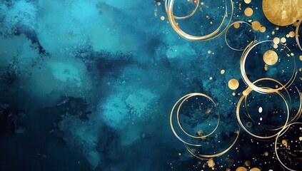 Poster - Abstract teal blue background with golden circles and splashes, perfect for modern design, artwork, wallpapers, and creative projects