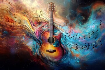 Poster - Vibrant Acoustic Guitar Surrounded by Swirling Colors and Musical Notes Representing the Harmony of Music and Artistry in a Dreamlike Atmosphere