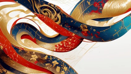 Poster - Abstract Colorful Waves Design with Floral Elements and Gold Accents Radiating Elegance and Artistic Expression in Contemporary Art Style