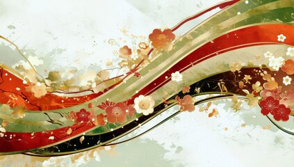 Poster - Vibrant Abstract Floral Wave Design in Red, Green, and Gold Colors with Artistic Paint Splashes and Flower Accents for Decorative Purposes