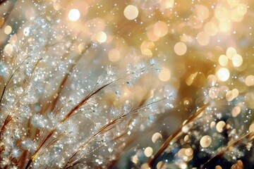 Poster - Glimmering Grass Blades with Bokeh Effect Under Soft Golden Light in a Dreamy Natural Landscape for Stock Photography Purposes