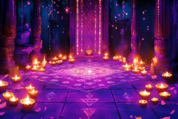 Poster - Enchanted Twilight Scene with Glowing Lamps, Vibrant Petals, and Mystical Background in a Magical Setting