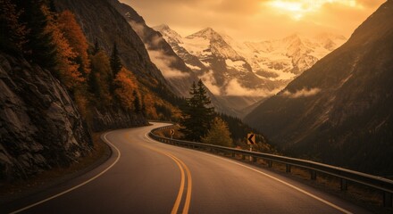 scenic mountain road autumn sunset landscape photo