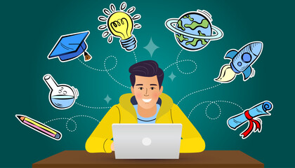 Wall Mural - person working on laptop, E- learning ,  Male student doing a report Find research information to graduate. Green backboard and icon education backgrounds.
Vector , Flat and illustration.