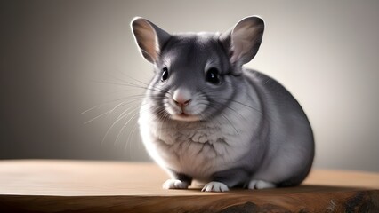 A soft, fluffy, and Rounded chinchilla with thick, velvety fur in a range of gray shades from dark charcoal to light silver, sitting upright on a wooden or stone surface, with its big, round eyes shin