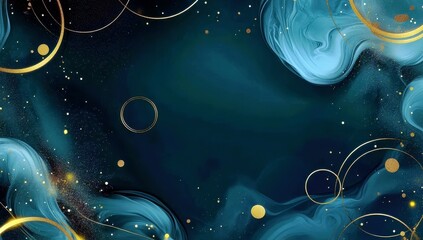 Poster - Abstract Background with Fluid Blue Swirls, Gold Circles, Sparkling Stars, and Space for Text Ideal for Elegant Design or Art Projects