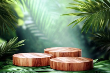 Poster - Natural Setting with Circular Wooden Plinths Surrounded by Lush Green Tropical Foliage for Displaying Products or Artistic Creations