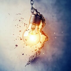 Poster - Shattered Wall with Bright Light Bulb Illuminating Dark Space Creating a Vibrant Atmosphere and Symbolizing Ideas, Creativity, and Inspiration