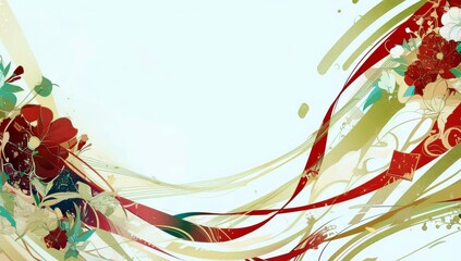 Poster - Colorful Abstract Floral Background with Flowing Lines and Artistic Design Elements in Red, Green, and Cream Shades for Creative Projects