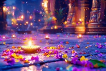 Poster - Colorful Flower Petals and Candles on Stone Floor in Soft Light