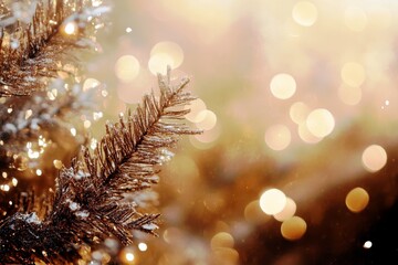 Poster - Sparkling Christmas Tree Branch with Warm Bokeh Background