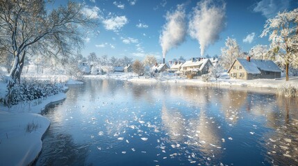 Wall Mural - Snowy village river reflection winter landscape postcard
