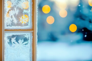 Poster - Frosted Window Pane with Intricate Ice Crystals and Warm Bokeh Lights in the Background Capturing the Essence of Winter's Beauty and Tranquility