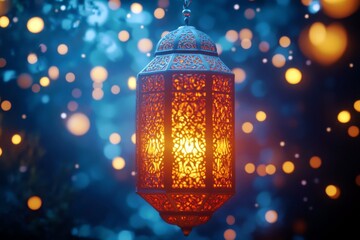 Poster - Intricate Lantern Glowing in the Night Surrounded by Soft Bokeh Lights, Symbolizing Warmth and Serenity in Magical Atmosphere