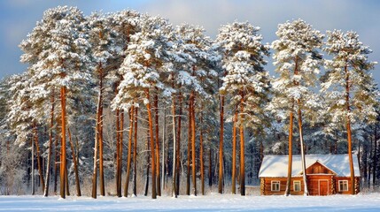Wall Mural - Snowy cabin, winter forest, sunrise, postcard