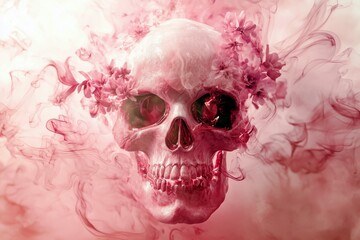 Poster - Ethereal Pink Skull Surrounded by Delicate Blooms and Whimsical Smoke for Artistic and Creative Projects