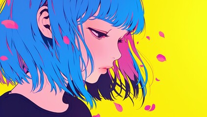 Poster - Profile of a Young Woman with Blue Hair Surrounded by Pink Petals Against Vibrant Yellow Background